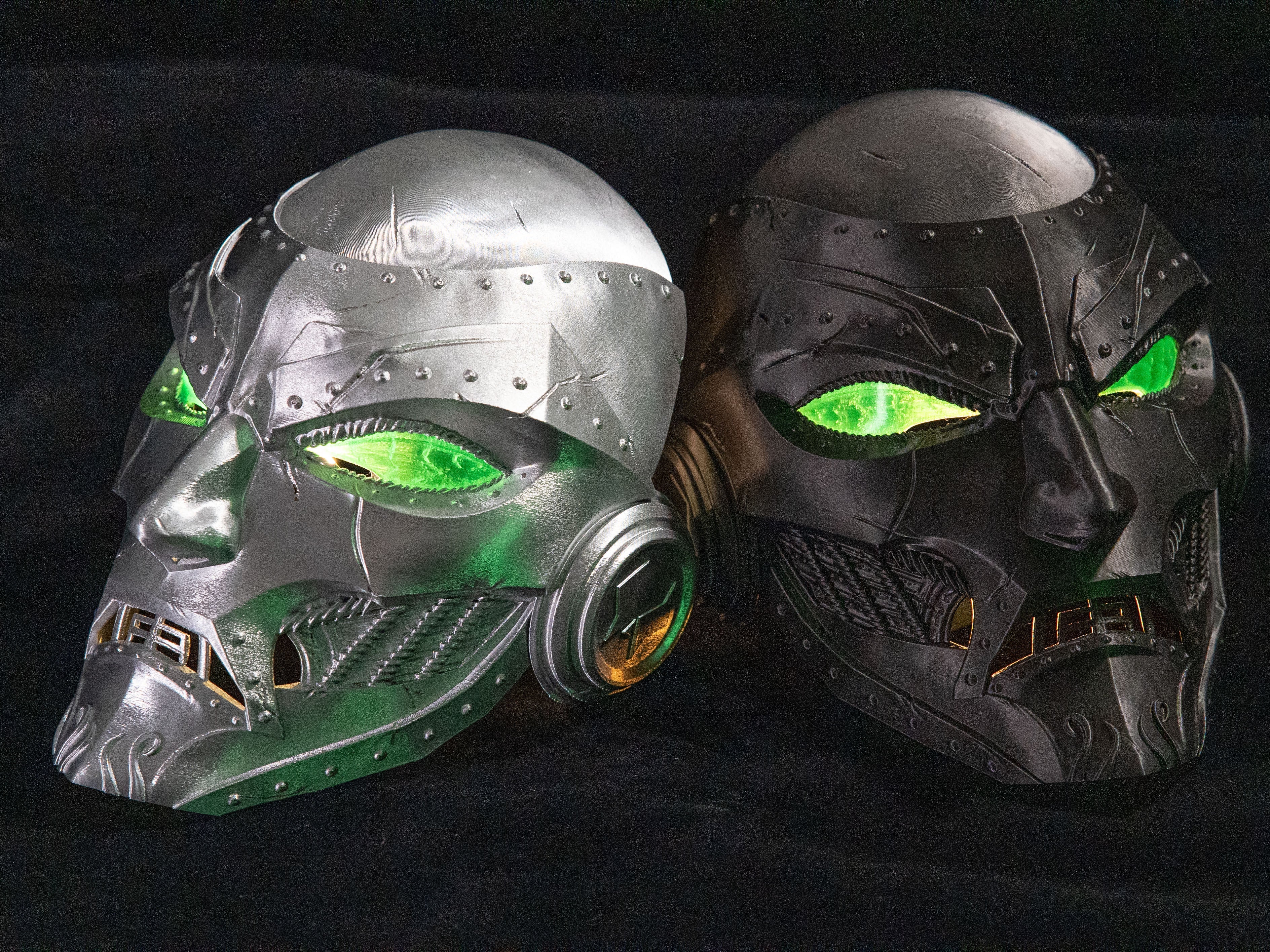 Máscara Cyberpunk Cráneo Mecánico 3D – Ojos Verdes