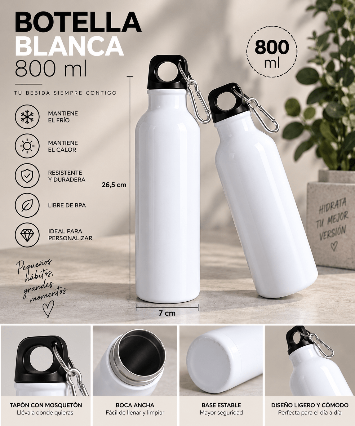 Botella Blanca Personalizable 800 ml con Tapón y Mosquetón - Vantor StreetBotella Blanca Personalizable 800 ml con Tapón y MosquetónVantor StreetVantor StreetBotella Blanca Personalizable 800 ml con Tapón y Mosquetón