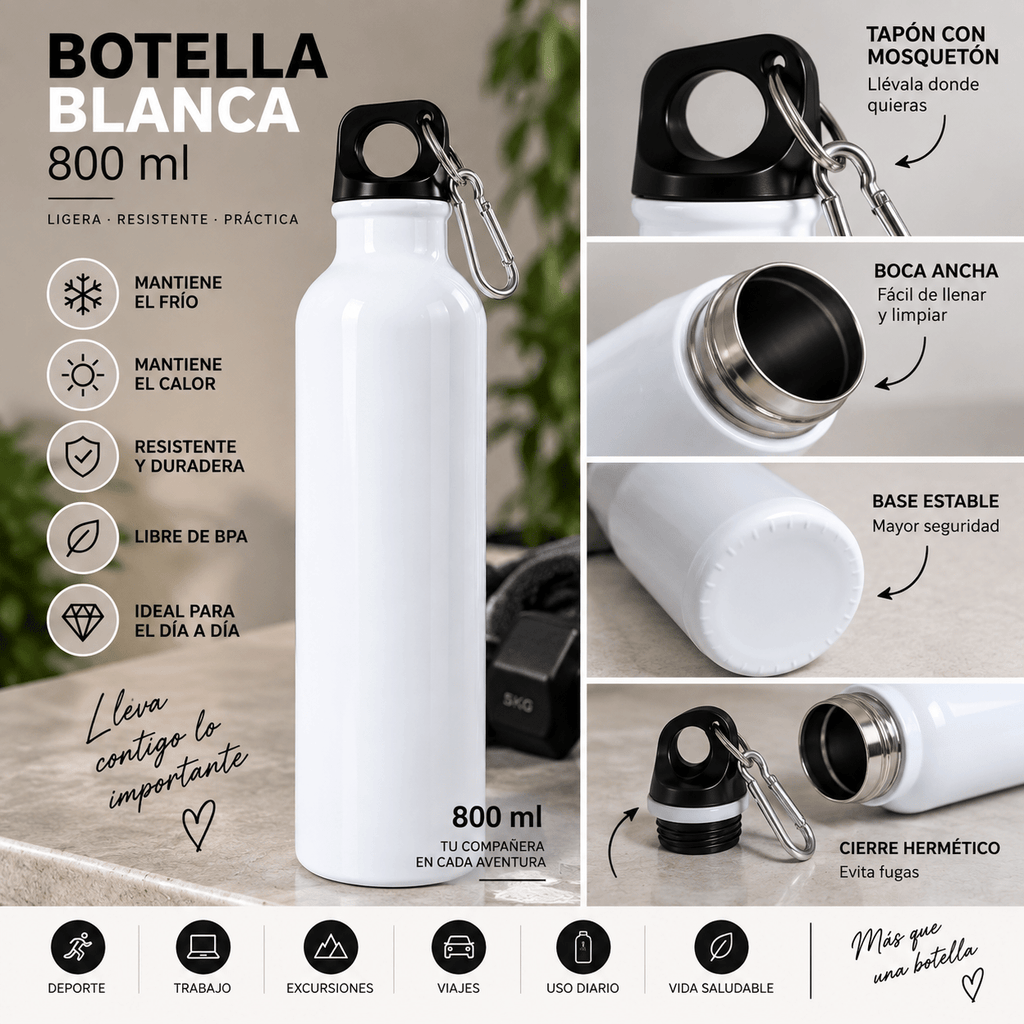Botella Blanca Personalizable 800 ml con Tapón y Mosquetón - Vantor StreetBotella Blanca Personalizable 800 ml con Tapón y MosquetónVantor StreetVantor StreetBotella Blanca Personalizable 800 ml con Tapón y Mosquetón
