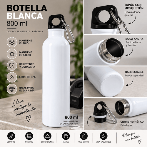 Botella Blanca Personalizable 800 ml con Tapón y Mosquetón - Vantor StreetBotella Blanca Personalizable 800 ml con Tapón y MosquetónVantor StreetVantor StreetBotella Blanca Personalizable 800 ml con Tapón y Mosquetón
