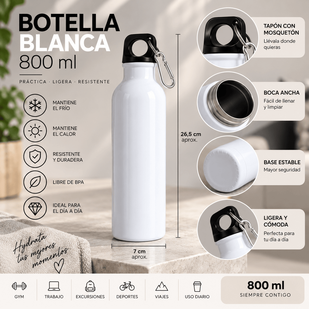 Botella Blanca Personalizable 800 ml con Tapón y Mosquetón - Vantor StreetBotella Blanca Personalizable 800 ml con Tapón y MosquetónVantor StreetVantor StreetBotella Blanca Personalizable 800 ml con Tapón y Mosquetón