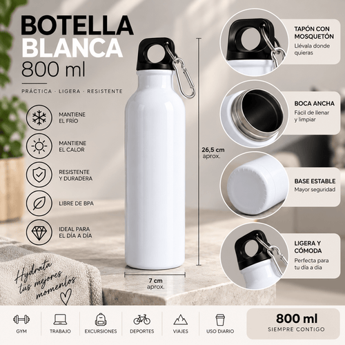 Botella Blanca Personalizable 800 ml con Tapón y Mosquetón - Vantor StreetBotella Blanca Personalizable 800 ml con Tapón y MosquetónVantor StreetVantor StreetBotella Blanca Personalizable 800 ml con Tapón y Mosquetón