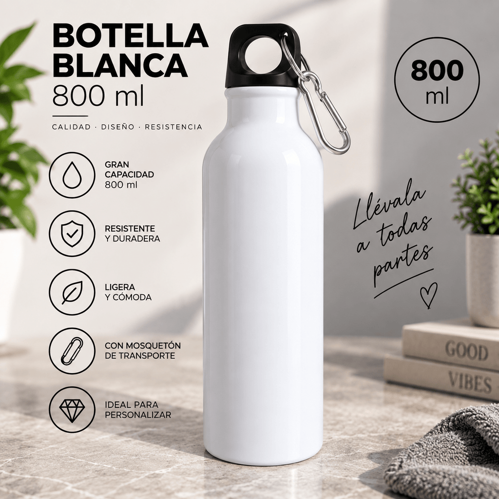 Botella Blanca Personalizable 800 ml con Tapón y Mosquetón - Vantor StreetBotella Blanca Personalizable 800 ml con Tapón y MosquetónVantor StreetVantor StreetBotella Blanca Personalizable 800 ml con Tapón y Mosquetón