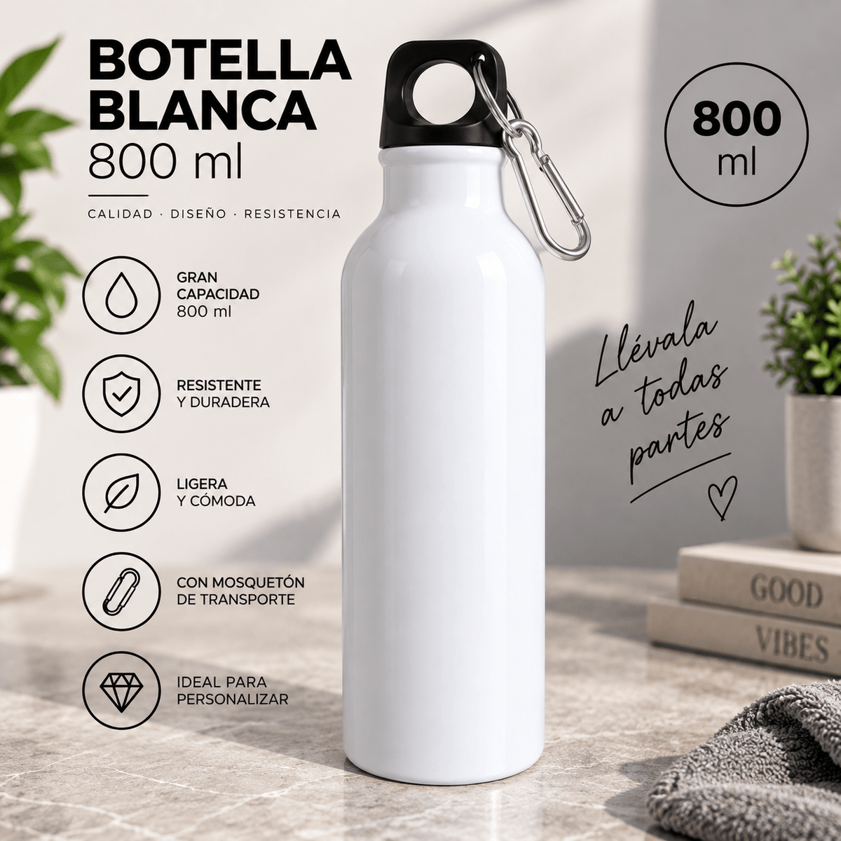 Botella Blanca Personalizable 800 ml con Tapón y Mosquetón - Vantor StreetBotella Blanca Personalizable 800 ml con Tapón y MosquetónVantor StreetVantor StreetBotella Blanca Personalizable 800 ml con Tapón y Mosquetón