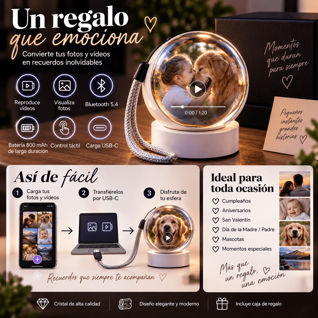 Esfera de Cristal con Reproductor de Vídeo y Fotos - Vantor StreetEsfera de Cristal con Reproductor de Vídeo y FotosVantor StreetVantor StreetEsfera de Cristal con Reproductor de Vídeo y Fotos