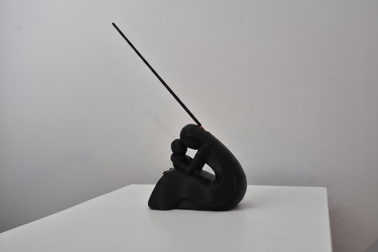 Portaincienso figura meditando en negro mate con varilla de incienso – vista lateral