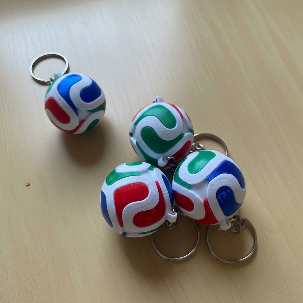 Llaveros bola con ondas multicolor – vista cenital sobre mesa de madera