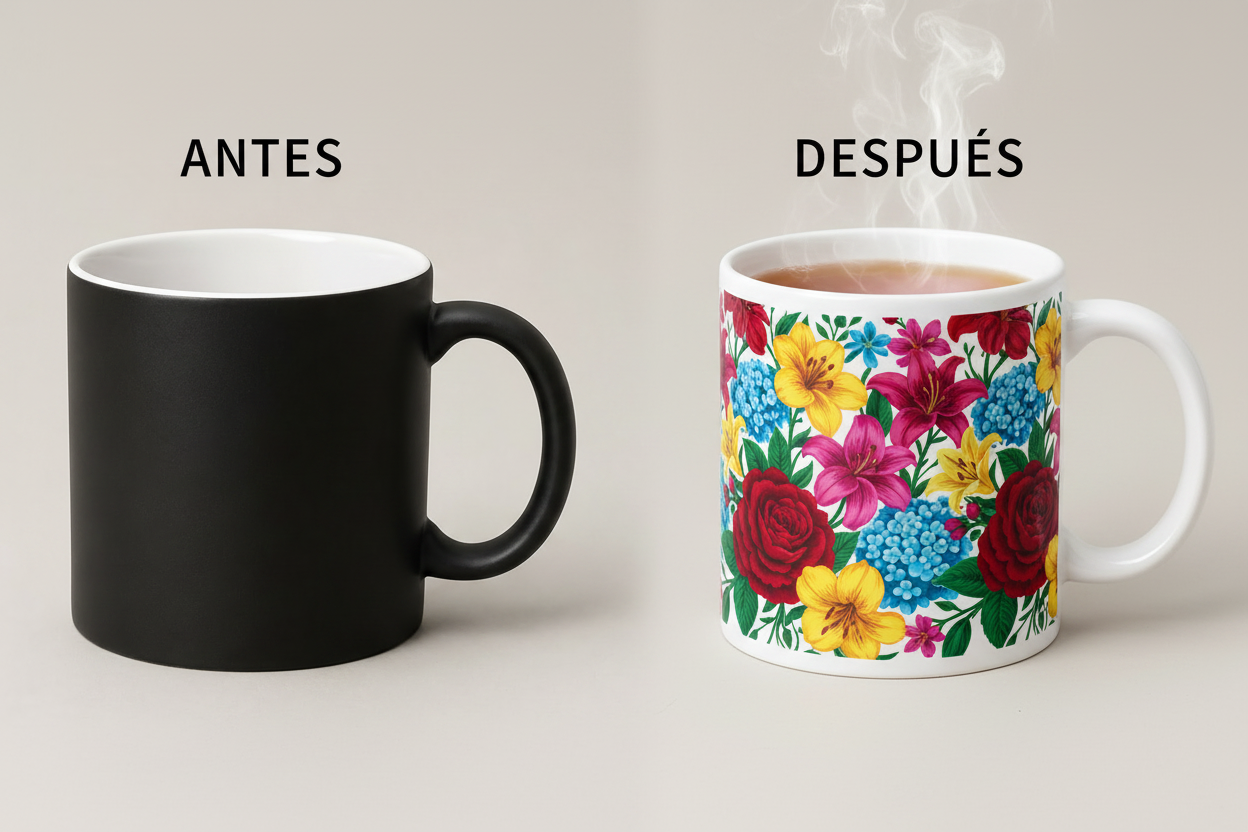 Taza mágica antes y después