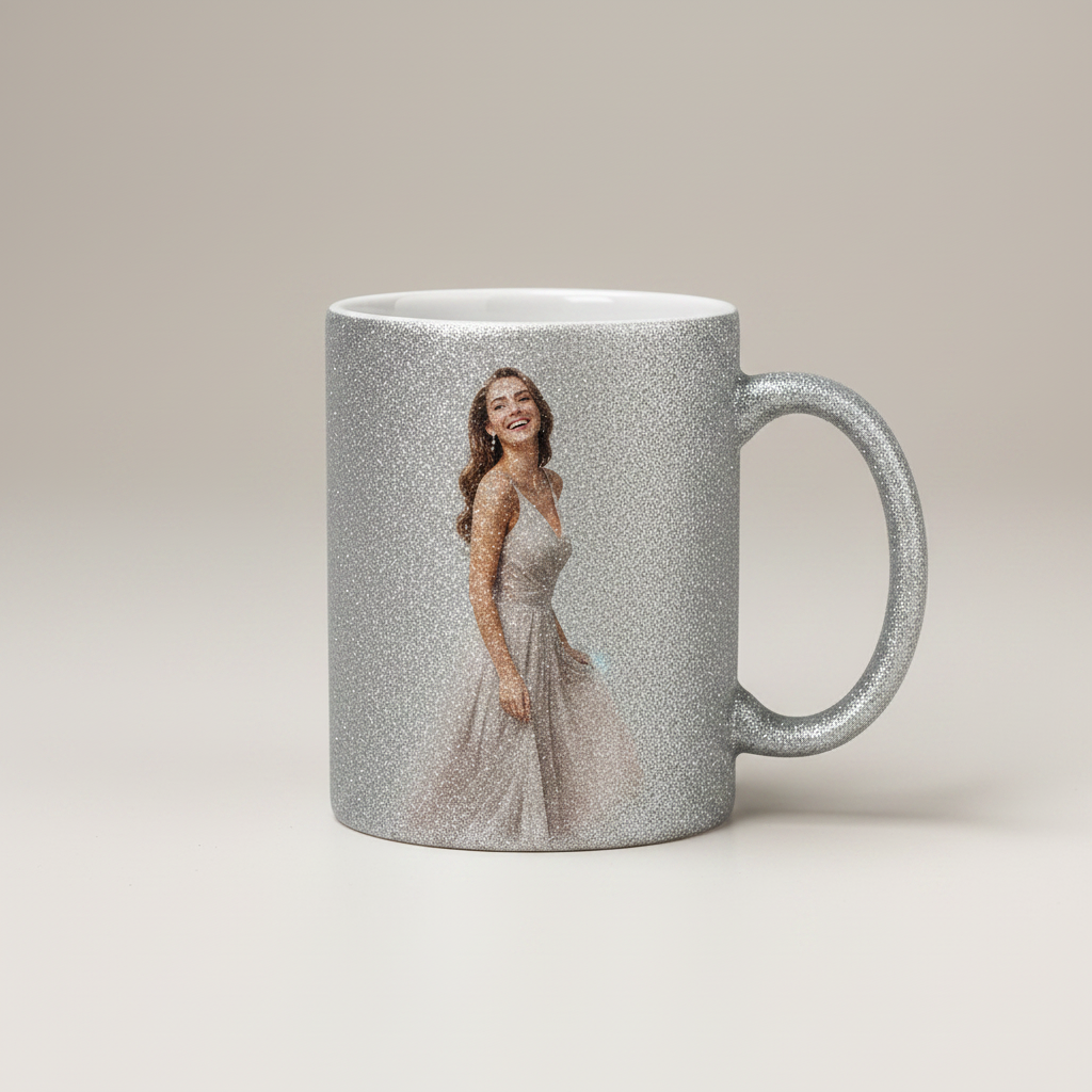 Taza plateada con mujer