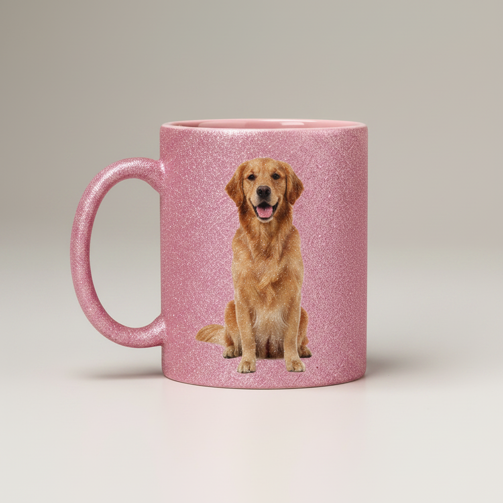 Taza rosa purpurina con perro completo